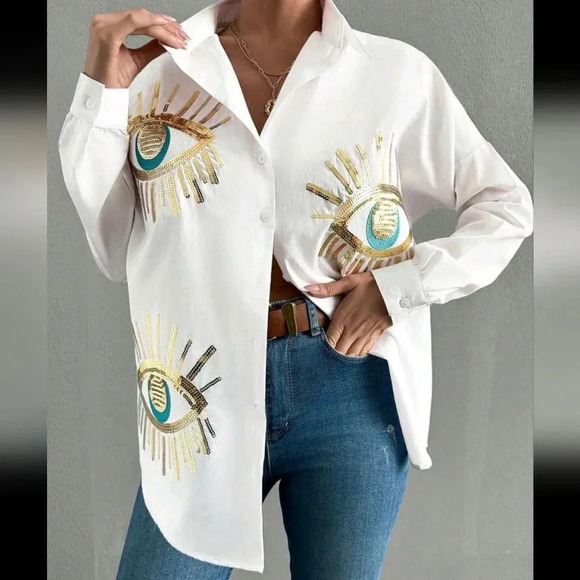 Oversized Delicate Embroidered Sequined Blue Eye Pattern Casual Long Sleeve Shir - Picture 1 of 5